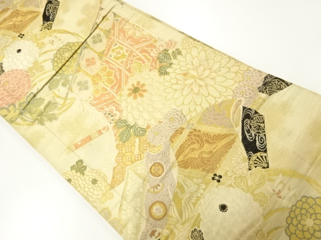 JAPANESE KIMONO / ANTIQUE MARU OBI / WOVEN KIKU & SCREEN